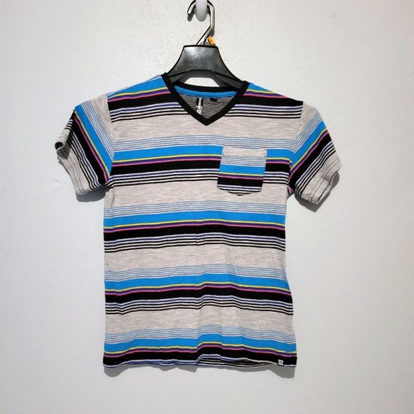 Ocean Current Kids Tshirt Size 8 M Striped - Gray Blue Black Pink With Pocket - Picture 1 of 3